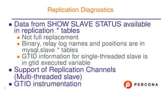 • Data from SHOW SLAVE STATUS available
in replication * tables
• Not full replacement
• Binary, relay log names and positions are in
mysql.slave * tables
• GTID information for single-threaded slave is
in gtid executed variable
• Support of Replication Channels
(Multi-threaded slave)
• GTID instrumentation
Replication Diagnostics
50
 