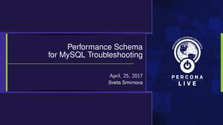 Performance Schema
for MySQL Troubleshooting
April, 25, 2017
Sveta Smirnova
 