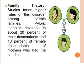 Family history:
Studies found higher
rates of this disorder
among certain
families. Pyloric
stenosis develops in
about 20 percent of
male descendants and
10 percent of female
descendants of
mothers who had the
condition.
 