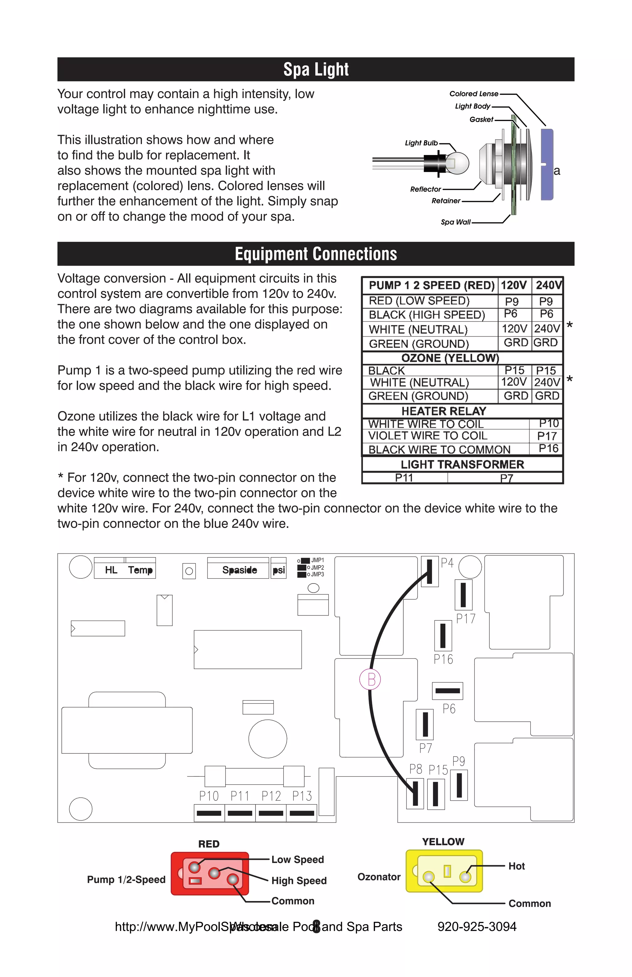Spa Light
Your control may contain a high intensity, low
voltage light to enhance nighttime use.

This illustration shows how and where
to find the bulb for replacement. It
also shows the mounted spa light with                                                   a
replacement (colored) lens. Colored lenses will
further the enhancement of the light. Simply snap
on or off to change the mood of your spa.


                               Equipment Connections
Voltage conversion - All equipment circuits in this
control system are convertible from 120v to 240v.
There are two diagrams available for this purpose:
the one shown below and the one displayed on                                                *
the front cover of the control box.

Pump 1 is a two-speed pump utilizing the red wire
for low speed and the black wire for high speed.                                            *

Ozone utilizes the black wire for L1 voltage and
the white wire for neutral in 120v operation and L2
in 240v operation.

* For 120v, connect the two-pin connector on the
device white wire to the two-pin connector on the
white 120v wire. For 240v, connect the two-pin connector on the device white wire to the
two-pin connector on the blue 240v wire.

                                             JMP1
                                             JMP2
                                             JMP3




                         RED                                     YELLOW
                                      Low Speed
                                                                               Hot
     Pump 1/2-Speed                   High Speed      Ozonator

                                      Common                                   Common

                            Wholesale  8
          http://www.MyPoolSpas.com Pool and Spa Parts             920-925-3094
 