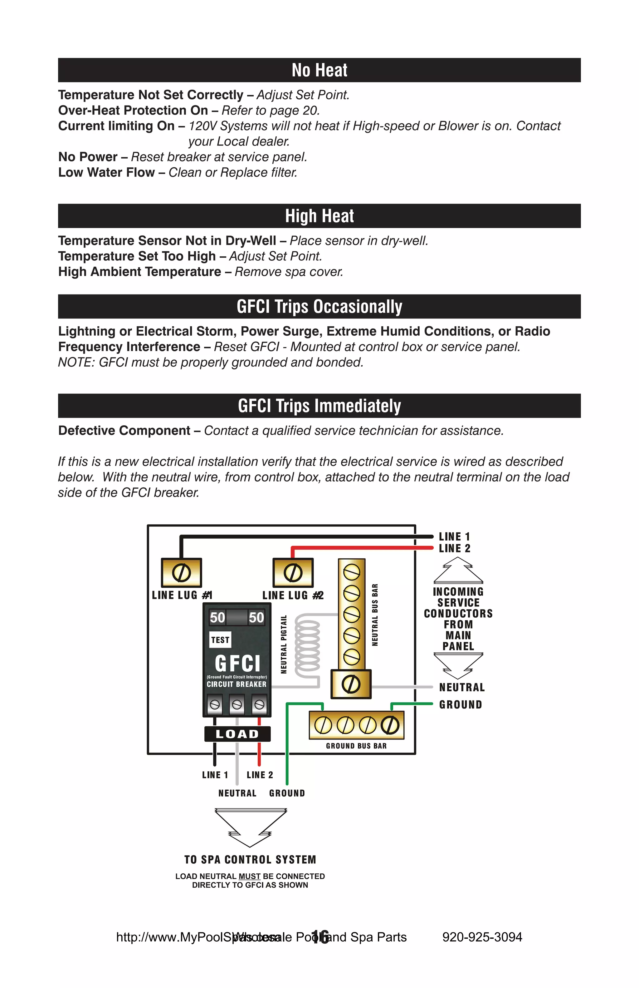 No Heat
Temperature Not Set Correctly – Adjust Set Point.
Over-Heat Protection On – Refer to page 20.
Current limiting On – 120V Systems will not heat if High-speed or Blower is on. Contact
                      your Local dealer.
No Power – Reset breaker at service panel.
Low Water Flow – Clean or Replace filter.


                                           High Heat
Temperature Sensor Not in Dry-Well – Place sensor in dry-well.
Temperature Set Too High – Adjust Set Point.
High Ambient Temperature – Remove spa cover.

                                 GFCI Trips Occasionally
Lightning or Electrical Storm, Power Surge, Extreme Humid Conditions, or Radio
Frequency Interference – Reset GFCI - Mounted at control box or service panel.
NOTE: GFCI must be properly grounded and bonded.


                                  GFCI Trips Immediately
Defective Component – Contact a qualified service technician for assistance.

If this is a new electrical installation verify that the electrical service is wired as described
below. With the neutral wire, from control box, attached to the neutral terminal on the load
side of the GFCI breaker.




                             Wholesale 16
           http://www.MyPoolSpas.com Pool and Spa Parts                 920-925-3094
 