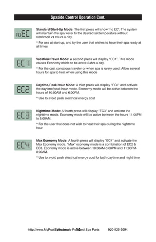 Spaside Control Operation Cont.

    Standard/Start-Up Mode: The first press will show "no EC". The system
    will maintain the spa water to the desired set temperature without
    restriction 24 hours a day.
    * For use at start-up, and by the user that wishes to have their spa ready at
    all times



    Vacation/Travel Mode: A second press will display “EC1”. This mode
    causes Economy mode to be active 24hrs a day.
    * For the cost conscious traveler or when spa is rarely used. Allow several
    hours for spa to heat when using this mode



    Daytime/Peak Hour Mode: A third press will display “EC2” and activate
    the daytime/peak hour mode. Economy mode will be active between the
    hours of 10:00AM and 6:00PM.
    * Use to avoid peak electrical energy cost



    Nighttime Mode: A fourth press will display “EC3” and activate the
    nighttime mode. Economy mode will be active between the hours 11:00PM
    to 8:00AM.
    * For the user that does not wish to heat their spa during the nighttime
    hour



    Max Economy Mode: A fourth press will display “EC4” and activate the
    Max Economy mode. “Max” economy mode is a combination of EC2 &
    EC3. Economy mode is active between 10:00AM-6:00PM and 11:00PM-
    8:00AM.
    * Use to avoid peak electrical energy cost for both daytime and night time




                  Wholesale 14
http://www.MyPoolSpas.com Pool and Spa Parts            920-925-3094
 