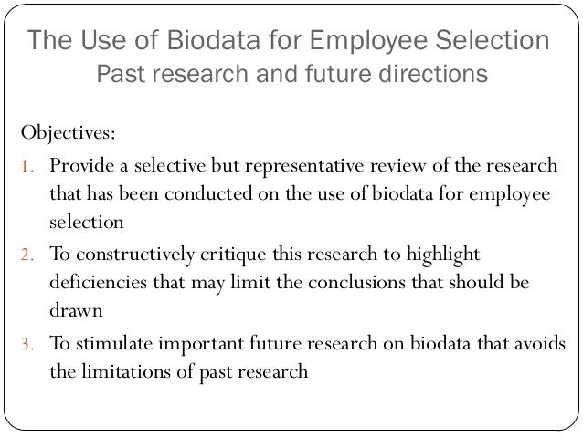the use of biodata for employee selection past research and future i biodata for