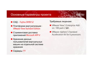 Основные параметры проекта 
 СХД – Fujitsu DX90 S2 
 Платформа виртуализации - 
VMware View Standard Edition 
 Стриминговая доставка 
приложений Microsoft APP-V 
 Хранение данных 
пользователей виртуальных 
машин на отдельной системе 
хранения 
 Серверы ??? 
Требуемые лицензии: 
 VMware View 5 Enterprise Add-on: 
100 pack 2 Шт. 
 VMware vSphere 5 Standard 
Acceleration Kit for 6 processors 
 