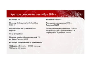Краткое резюме на сентябрь 2014 г. 
Развитие VDI 
Перевод Raid-групп с Raid5/Raid50 на 
RAID10 
Оптимизация настроек «золотого 
образа» 
Сбор статистики 
Перевод профилей пользователей VDI 
на более быструю СХД 
Развитие корпоративных приложений 
СХД уровня Enterprise - DX600, перевод 
SQL-баз на SSD-диски 
Развитие бизнеса 
Планирование перевода DX90 в 
Резервный ЦОД 
Планирование реорганизации Vmware- 
инфраструктуры – разделение VDI и 
Серверов на отдельные vCenter 
 
