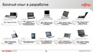 88FTS PUBLIC 88
Богатый опыт в разработке
Copyright 2014 FUJITSU
FACOM 9450, Japan Poqet PC, USA FM TOWNS II Fresh･TV, Japan LIFEBOOK T4010 D LIFEBOOK Q series
LIFEBOOK S7010 FLEPia LIFEBOOK E780 Teampad 700 LIFEBOOK U904 Ultrabook™
1981 – Первый ПК Fujitsu
1990 – первый в мире
карманный
однофунктовый IBM/PC-
XT совместимый ПК
1994 – Первый в мире
ПК с интегрированный
ТВ-тюнером
2004 – первый в мире
двухшпиндельный ноутбук-
трансформер
2006 – Самый тонкий в
мире ноутбук (12
дюймов, 19.9 мм)
2007 – Самый легкий
ноутбук с экраном в 14
дюймов
2009 – Первая цветная
электронная книга
2010 - LIFEBOOK E780 с
интегрированным
сенсором Palm Vein
2010 - Teampad 700 –
самый легкий защищенный
планшет в своем классе
2013 – Самый тонкий в
мире ноутбук с экраном
в 14 дюймов
 
