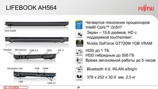 98FTS PUBLIC 98
LIFEBOOK AH564
USB 3.0
USB 2.0
VGA HDMI
LAN
Kensington lock
ODDHeadset Microphone DC in
Card reader
Четвертое поколение процессоров
Intel® Core™ i3/i5/i7
Nvidia GeForce GT720M 1GB VRAM
Экран – 15,6 дюймов, HD с
поддержкой touchscreen
Время автономной работы до 5 часов
HDD до 1 ТБ
HDD гибридные до 500 ГБ
Bluetooth 4.0, WLAN a/b/g/n
378 x 252 x 30.9 мм, 2,5 кг
 