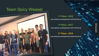 Team Spicy Weasel
1st Place - 2018
+ labs.nettitude.com/blog/derbycon-2018-ctf-write-up
1st Place - 2017
+ labs.nettitude....