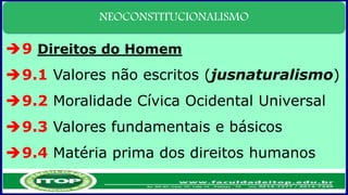 NEOCONSTITUCIONALISMO
9 Direitos do Homem
9.1 Valores não escritos (jusnaturalismo)
9.2 Moralidade Cívica Ocidental Universal
9.3 Valores fundamentais e básicos
9.4 Matéria prima dos direitos humanos
 