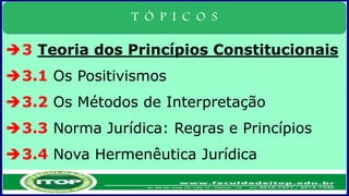 T Ó P I C O S
3 Teoria dos Princípios Constitucionais
3.1 Os Positivismos
3.2 Os Métodos de Interpretação
3.3 Norma Jurídica: Regras e Princípios
3.4 Nova Hermenêutica Jurídica
 
