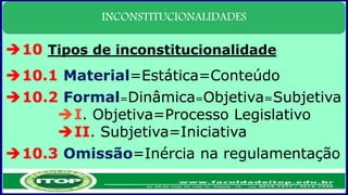 INCONSTITUCIONALIDADES
10 Tipos de inconstitucionalidade
10.1 Material=Estática=Conteúdo
10.2 Formal=Dinâmica=Objetiva=Subjetiva
I. Objetiva=Processo Legislativo
II. Subjetiva=Iniciativa
10.3 Omissão=Inércia na regulamentação
 