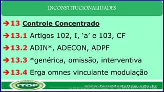 INCONSTITUCIONALIDADES
13 Controle Concentrado
13.1 Artigos 102, I, ‘a’ e 103, CF
13.2 ADIN*, ADECON, ADPF
13.3 *genérica, omissão, interventiva
13.4 Erga omnes vinculante modulação
 