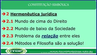 CONSTITUIÇÃO SIMBÓLICA
2 Hermenêutica jurídica
2.1 Mundo de cima do Direito
2.2 Mundo de baixo da Sociedade
2.3 Problema da relação entre eles
2.4 Métodos e Filosofia são a solução!
 