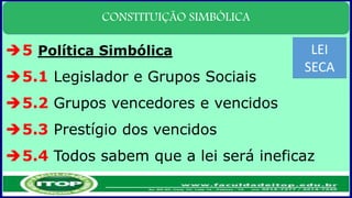 CONSTITUIÇÃO SIMBÓLICA
5 Política Simbólica
5.1 Legislador e Grupos Sociais
5.2 Grupos vencedores e vencidos
5.3 Prestígio dos vencidos
5.4 Todos sabem que a lei será ineficaz
LEI
SECA
 