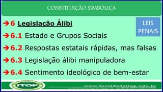 CONSTITUIÇÃO SIMBÓLICA
6 Legislação Álibi
6.1 Estado e Grupos Sociais
6.2 Respostas estatais rápidas, mas falsas
6.3 Legislação álibi manipuladora
6.4 Sentimento ideológico de bem-estar
LEIS
PENAIS
 
