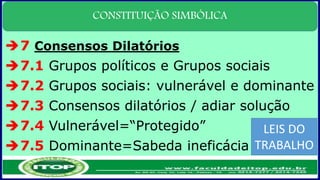 CONSTITUIÇÃO SIMBÓLICA
7 Consensos Dilatórios
7.1 Grupos políticos e Grupos sociais
7.2 Grupos sociais: vulnerável e dominante
7.3 Consensos dilatórios / adiar solução
7.4 Vulnerável=“Protegido”
7.5 Dominante=Sabeda ineficácia
LEIS DO
TRABALHO
 