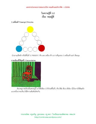 เอกสารประกอบการสอนรายวิชา คอมพิวเตอร์กราฟิค ง 30246

                                                 ใบความรูที่ 1.2
                                                           ้
                                                  เรื่อง ทฤษฏีสี
3 เหลี่ยมสี TriaangcI Princries




นาเอาแม่สีหลัก หรือสีขั้นที่ 1( PRIMERY ) คือ แดง เหลือง ฟ้า มาวางที่มุมของ 3 เหลี่ยมด้านเท่า สีละมุม

ภาพเขียนที่ใช้ชุดที่ 2 Secondaries




        สังเกตดูภาพเขียนที่แสดงอยู่นี้ เราใช้สีเพียง 3 สี ด้วยสีขั้นที่ 2 คือ สีส้ม สีม่วง สีเขียว นี่เป็นการใช้สีชุดอีก
แบบหนึ่งเราจะเห็นว่าสีมีความสัมพันธ์ต่อกัน




               รวบรวมโดย ครูเทวัญ ภูพานทอง ครู คศ.1 โรงเรียนนามนพิทยาคม สพม.24
                               http://comkrutae.wordpress.com/
 