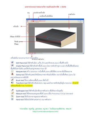 เอกสารประกอบการสอนรายวิชา คอมพิวเตอร์กราฟิค ง 30246

                            เมนู    แถบอธิบายเครื่ องมือ
                                                                                           ภาพตัวอย่าง
                                              ออปชันเครื่ องมือที่เลือก
                                                   ่



     เครื่ องมือ



Plane หรื อพื้นที่

       Node จุดของ
       Plane




เครื่องมือใน Vanishing Point ประกอบด้วย วอย่าง
                               ย่อ-ขยาย ภาพตั
            Edit Plane tool ใช้สาหรับเลือก, แก้ไข, ย้าย และปรับขนาด plane (พื้นที่ที่วาดไว้)
            Create Plane tool ใช้สาหรับสร้างพื้นที่ plane โดยการคลิกสร้างจุด (node) เป็นพื้นที่สี่เหลี่ยมของ
พื้นที่ที่เป็นค่าเริ่มต้น และใช้ปรับแต่งรูปทรงของ Plane ได้
            Marquee tool สร้าง Selection ภายในพื้นที่ plane เพื่อใช้จัดวางภาพ หรือใช้โคลนภาพ
            Stamp tool ใช้สาหรับแสตมป์หรือโคลนภาพจากต้นฉบับที่เลือก ลงภายในพื้นที่ของ plane (ไม่
สามารถโคลนจากภาพอื่นได้)
            Brush tool ใช้ระบายสีลงบนพื้นที่ plane ที่สร้างไว้
            Transform tool ใช้สาหรับปรับย่อ-ขยาย, หมุน และย้ายภาพหรือวัตถุที่อยู่ใน Selection (ทาหน้าที่
เหมือนเครื่องมือ Free Transform)

          Eyedropper tool ใช้สาหรับเลือกสีบนภาพตัวอย่าง เพื่อใช้ระบายในจุดอื่น
          Measure tool ใช้วัดระยะและมุมของพื้นที่ plane (มีใน Photoshop CS3 รุ่น Extended)
          Zoom tool ใช้ปรับย่อ-ขยายมุมมองภาพตัวอย่าง
          Hand tool ใช้เลื่อนไปยังตาแหน่งต่างๆ บนภาพตัวอย่าง


                   รวบรวมโดย ครูเทวัญ ภูพานทอง ครู คศ.1 โรงเรียนนามนพิทยาคม สพม.24
                                   http://comkrutae.wordpress.com/
 