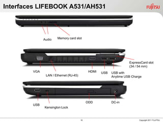 Interfaces LIFEBOOK A531/AH531




              Audio   Memory card slot




                                                                     ExpressCard slot
                                                                     (34 / 54 mm)
        VGA                                   HDMI   USB   USB with
               LAN / Ethernet (RJ-45)                      Anytime USB Charge




                                             ODD           DC-in
        USB
              Kensington Lock


                                        16                                 Copyright 2011 FUJITSU
 