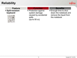Reliability
          Feature              Function                Benefits
   Spill-resistant      Protection against      Enough time to shut
    keyboard              system damage           down the notebook and
                          caused by accidental    remove the liquid from
                          spills                  the notebook
                          (up to 50 cc)




                                    13                            Copyright 2011 FUJITSU
 