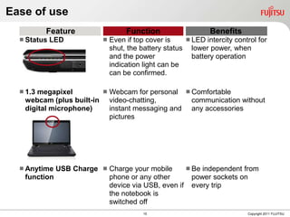 Ease of use
          Feature                Function                   Benefits
   Status   LED           Even if top cover is     LED intercity control for
                            shut, the battery status lower power, when
                            and the power             battery operation
                            indication light can be
                            can be confirmed.

   1.3megapixel         Webcam for personal  Comfortable
   webcam (plus built-in video-chatting,        communication without
   digital microphone)    instant messaging and any accessories
                          pictures




   Anytime USB Charge  Charge your mobile      Be independent from
   function              phone or any other       power sockets on
                         device via USB, even if every trip
                         the notebook is
                         switched off
                                      15                                Copyright 2011 FUJITSU
 