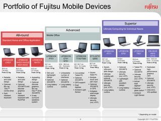 Portfolio of Fujitsu Mobile Devices

                                                                                                                                                     Superior
                                                                                                                           Ultimate Computing for Individual Needs
                                                                            Advanced
                All-round                          Mobile Office

Standard Home and Office Application



                                                                                                                            LIFEBOOK         LIFEBOOK         LIFEBOOK            CELSIUS
                                                                                                                               P771             S761             T901              H910
                                                  LIFEBOOK          LIFEBOOK            LIFEBOOK           STYLISTIC                                                               H710
                                                     P701              E751             T730/T580            Q550         30.7 cm           33.8cm           33.8 cm            39.6 – 43.9 cm
 LIFEBOOK        LIFEBOOK         LIFEBOOK                                                                                                  (13.3-inch)                         (15.6 – 17.3-inch)
                                                                       S751                                               (12.1-inch)                        (13.3-inch)
   LH531        AH531/AH530         NH751                                                                  25.7 cm        From 1.4 kg        From 1.66 kg     From 2.0 kg        From 2.75 kg
                                                 30.7 cm          35.6 - 39.6 cm      25.7-30.7 cm
                 A531/A530                                                                                 (10.1-inch)
                                                 (12.1-inch)      (14 - 15.6-inch)    (10.1- 12.1-inch)
                                                                   From 2.1 kg         From 1.4 kg          From 760 g     Stylish,         Optional        Tablet PC        Dedicated
35.6 cm         39.6 cm          43.9 cm          From 1.6 kg
                                                                                                                            ultra-port-       3G/UMTS         Optional          high-
(14-inch)       (15.6-inch)      (17.3-inch)
                                                                                                                            able design      Ultimate         3G/UMTS           performance
From 2.2 kg      From 2.5 kg      From 3.6 kg     Slim and        Unbeatable        Convertible/        Stylish
                                                                                                                           Ultimate          security        Ultimate          graphics
                                                   lightweight      number of          Tablet PC            Slate PC
                                                                                                                            mobility with     (incl. ATP)      security          card
 Reliable       Reliable       Appealing        design           interfaces        Optional            Multiple
                                                                                                                            optional         Lightweight      (incl. ATP)      Optional
  and solid       and solid       design          Optional        Optional           3G/UMTS              touch and
                                                                                                                            3G/UMTS                                              3G/UMTS
  design          design                                                                                    pen input                         with            Active/
                                 Optional         3G/UMTS          3G/UMTS           GPS support                         Ultimate          excellent                         Ultimate
 Optional       Optional                                                                                 Optional                                           dual
                                  discrete        Long battery    Long battery      Dual                                 security          design                             security
  Blu-ray         3G/UMTS and graphics,                                                                     3G/UMTS                                            digitizer*
                                                   runtime          runtime            digitizer                            (incl. ATP)                                          (incl. ATP)
   Disc™          discrete        Blu-ray                                                                   or GPS                           Long battery    Berliner
                                                                                      Ambient Light                       Long battery      runtime          glass option*    CAD,DCC,
  combo drive     graphics        Disc™ drive,                                                             Antiglare
                                                                                       Sensor                               runtime                                              VIS certified
 Spill-         Spill-          3G/UMTS                                                                   wide-angle                                        Ambient
  resistant       resistant      5-way                                                                     display                                            Light Sensor
  keyboard        keyboard with   surround                                                                 Ultimate
                  NumPad          speakers                                                                  security
                                  system                                                                    (incl. ATP)




                                                                                                                                                                    * Depending on model

                                                                                              4                                                                    Copyright 2011 FUJITSU
 