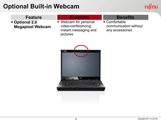 Optional Built-in Webcam
         Feature               Function                    Benefits
   Optional
           2.0           Webcam for personal        Comfortable
   Megapixel Webcam       video-conferencing,         communication without
                          instant messaging and       any accessories
                          pictures




                                  23                                    Copyright 2011 FUJITSU
 