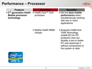 Performance – Processor
         Feature                 Function                 Benefits
  2nd
      generation Intel®  Intel® Core™ i3/i5       Getthe best mobile
   Mobile processor       processor                performance when
   technology                                      simultaneously working
                                                   with two or more
                                                   applications

                            Mobile Intel® HM65    Supports Intel® Anti-
                             chipset               Theft Technology
                                                   (Intel® AT) for PC
                                                   protection that can
                                                   disable a lost or stolen
                                                   PC and reactivate it
                                                   without compromise to
                                                   the system or data




                                      10                             Copyright 2011 FUJITSU
 