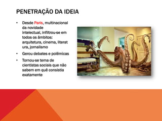 PENETRAÇÃO DA IDEIA
•   Desde Paris, multinacional
    da novidade
    intelectual, infiltrou-se em
    todos os âmbitos:
    arquitetura, cinema, literat
    ura, jornalismo
•   Gerou debates e polêmicas
•   Tornou-se tema de
    cientistas sociais que não
    sabem em quê consistia
    exatamente
 