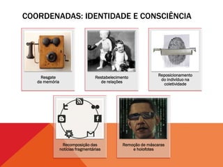 COORDENADAS: IDENTIDADE E CONSCIÊNCIA




                                                                Reposicionamento
     Resgate                       Restabelecimento
                                                                 do indivíduo na
   da memória                        de relações
                                                                  coletividade




                 Recomposição das               Remoção de máscaras
                notícias fragmentárias              e holofotes
 