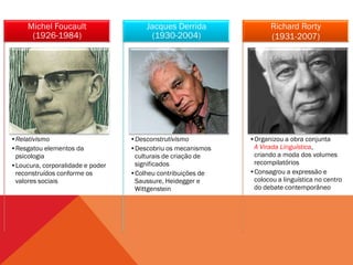 Michel Foucault                  Jacques Derrida               Richard Rorty
      (1926-1984)                      (1930-2004)                  (1931-2007)




•Relativismo                      •Desconstrutivismo         •Organizou a obra conjunta
•Resgatou elementos da            •Descobriu os mecanismos    A Virada Linguística,
 psicologia                        culturais de criação de    criando a moda dos volumes
•Loucura, corporalidade e poder    significados               recompilatórios
 reconstruídos conforme os        •Colheu contribuições de   •Consagrou a expressão e
 valores sociais                   Saussure, Heidegger e      colocou a linguística no centro
                                   Wittgenstein               do debate contemporâneo
 