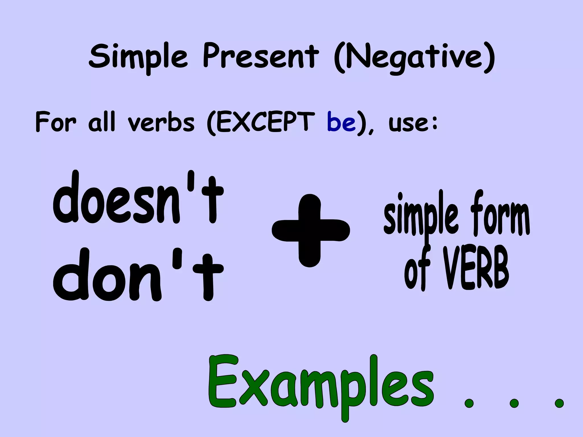 Simple Present (Negative)
For all verbs (EXCEPT be), use:
 