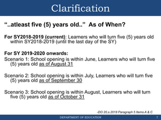 DEPARTMENT OF EDUCATION
Clarification
“..atleast five (5) years old..” As of When?
For SY2018-2019 (current): Learners who...