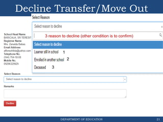 DEPARTMENT OF EDUCATION
Decline Transfer/Move Out
21
3 reason to decline (other condition is to confirm)
2
3
1
 