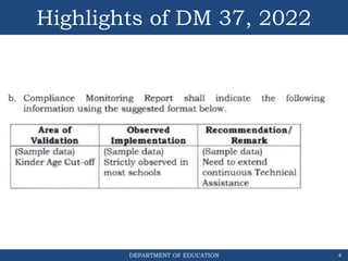 DEPARTMENT OF EDUCATION
Highlights of DM 37, 2022
4
 