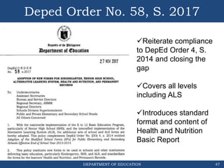 DEPARTMENT OF EDUCATION
Deped Order No. 58, S. 2017
47
III. POLICY
Reiterate compliance
to DepEd Order 4, S.
2014 and closing the
gap
Covers all levels
including ALS
Introduces standard
format and content of
Health and Nutrition
Basic Report
 