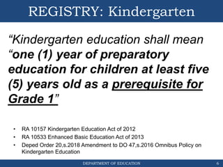 DEPARTMENT OF EDUCATION
REGISTRY: Kindergarten
• RA 10157 Kindergarten Education Act of 2012
• RA 10533 Enhanced Basic Education Act of 2013
• Deped Order 20,s.2018 Amendment to DO 47,s.2016 Omnibus Policy on
Kindergarten Education
6
“Kindergarten education shall mean
“one (1) year of preparatory
education for children at least five
(5) years old as a prerequisite for
Grade 1”
 