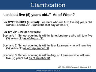 DEPARTMENT OF EDUCATION
Clarification
“..atleast five (5) years old..” As of When?
For SY2018-2019 (current): Learners who will turn five (5) years old
within SY2018-2019 (until the last day of the SY)
For SY 2019-2020 onwards:
Scenario 1: School opening is within June, Learners who will turn five
(5) years old as of August 31
Scenario 2: School opening is within July, Learners who will turn five
(5) years old as of September 30
Scenario 3: School opening is within August, Learners who will turn
five (5) years old as of October 31
7
-DO 20,s.2018 Paragraph 5 Items A & C
 