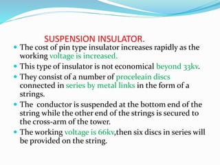 SUSPENSION INSULATOR.
 The cost of pin type insulator increases rapidly as the
working voltage is increased.
 This type of insulator is not economical beyond 33kv.
 They consist of a number of proceleain discs
connected in series by metal links in the form of a
strings.
 The conductor is suspended at the bottom end of the
string while the other end of the strings is secured to
the cross-arm of the tower.
 The working voltage is 66kv,then six discs in series will
be provided on the string.
 