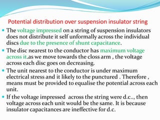 Potential distribution over suspension insulator string
 The voltage impressed on a string of suspension insulators
does not distribute it self unformally across the individual
discs due to the presence of shunt capacitance.
 The disc nearest to the conductor has maximum voltage
across it.as we move towards the closs arm , the voltage
across each disc goes on decreasing.
 The unit nearest to the conductor is under maximum
electrical stress and it likely to the punctured . Therefore ,
means must be provided to equalise the potential across each
unit.
 If the voltage impressed across the string were d.c.., then
voltage across each unit would be the same. It is because
insulator capacitances are ineffective for d.c.
 