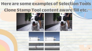 Hereare someexamplesofSelection Tools
Clone Stamp Tool content awarefill etc.
14
 