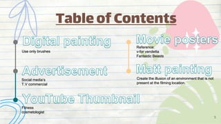 Use only brushes
Fitness
cosmetologist
Create the illusion of an environment that is not
present at the filming location.
Reference:
v-for vendetta
Fantastic Beasts
Social media‘s
T.V commercial
Table of Contents
5
 