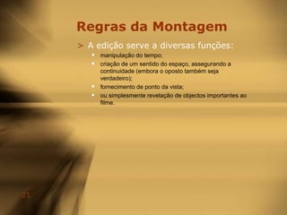 Teoria da MontagemPequena HistóriaNOUVELLE VAGUE:- ruptura provocada por um conjunto de cineastas franceses no final da década de 50 e na década de 60.- esse grupo começou na revista CahiersduCinéma, através da recuperação de clássicos como Hitckcock ou Ford. Inventou a política dos autores (o realizador como entidade máxima do filme).- Autores: JeanLucGodard, Alain Resnais, FrançoisTruffaut ou ÉricRohmer, entre outros.Case Study: A BoutduSouffle / O Acossado / Breathless de JeanLucGodard:- A ruptura: a montagem como criação de um caos narrativo. A invenção contra as regras. - Os efeitos de montagem: a invenção dos jumpcuts.- Colagem e citação de outros filmes (famosa sequência dos lábios e imitar Bogart)- Câmara à mão- Quebra da regra dos 180º.