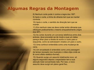 Técnica da Montagem Corrente3. Minutagem: Na montagem é essencial olhar ao tempo de cada plano. A minutagem será o tratamento de tempo em cada plano que se projecta, um factor métrico. A minutagem está directamente relacionada com o ritmo e, nesta operação, há que fazer os cortes do plano, logo que o resto (antes e depois) seja dispensável.