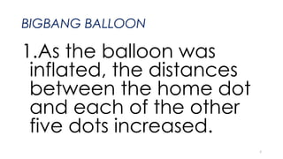 BIGBANG BALLOON
1.As the balloon was
inflated, the distances
between the home dot
and each of the other
five dots increased.
2
 