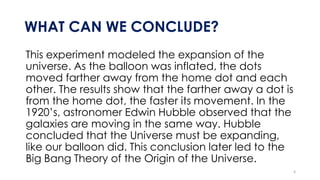 WHAT CAN WE CONCLUDE?
This experiment modeled the expansion of the
universe. As the balloon was inflated, the dots
moved farther away from the home dot and each
other. The results show that the farther away a dot is
from the home dot, the faster its movement. In the
1920’s, astronomer Edwin Hubble observed that the
galaxies are moving in the same way. Hubble
concluded that the Universe must be expanding,
like our balloon did. This conclusion later led to the
Big Bang Theory of the Origin of the Universe.
6
 