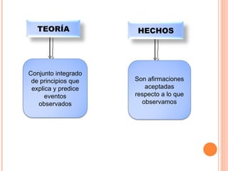 TEORÍA HECHOS Conjunto integrado de principios que explica y predice eventos observados Son afirmaciones aceptadas respecto a lo que observamos 