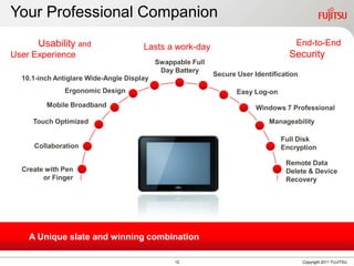Your Professional Companion
      Usability and                   Lasts a work-day                               End-to-End
User Experience                                                                    Security
                                           Swappable Full
                                            Day Battery
                                                            Secure User Identification
  10.1-inch Antiglare Wide-Angle Display
              Ergonomic Design                                     Easy Log-on
         Mobile Broadband                                                Windows 7 Professional
     Touch Optimized                                                         Manageability

                                                                                 Full Disk
     Collaboration                                                               Encryption

                                                                                  Remote Data
  Create with Pen                                                                 Delete & Device
        or Finger                                                                 Recovery




    A Unique slate and winning combination

                                                12                                       Copyright 2011 FUJITSU
 