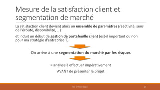Mesure de la satisfaction client et
segmentation de marché
La satisfaction client devient alors un ensemble de paramètres (réactivité, sens
de l’écoute, disponibilité, …)
et induit un début de gestion de portefeuille client (est-il important ou non
pour ma stratégie d’entreprise ?)
On arrive à une segmentation du marché par les risques
= analyse à effectuer impérativement
AVANT de présenter le projet
PS06 - APPROCHE RISQUE 20
 