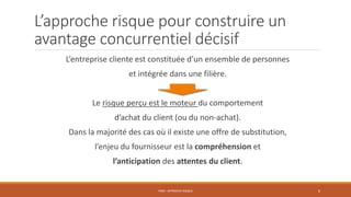 L’approche risque pour construire un
avantage concurrentiel décisif
L’entreprise cliente est constituée d’un ensemble de personnes
et intégrée dans une filière.
Le risque perçu est le moteur du comportement
d’achat du client (ou du non-achat).
Dans la majorité des cas où il existe une offre de substitution,
l’enjeu du fournisseur est la compréhension et
l’anticipation des attentes du client.
PS06 - APPROCHE RISQUE 6
 